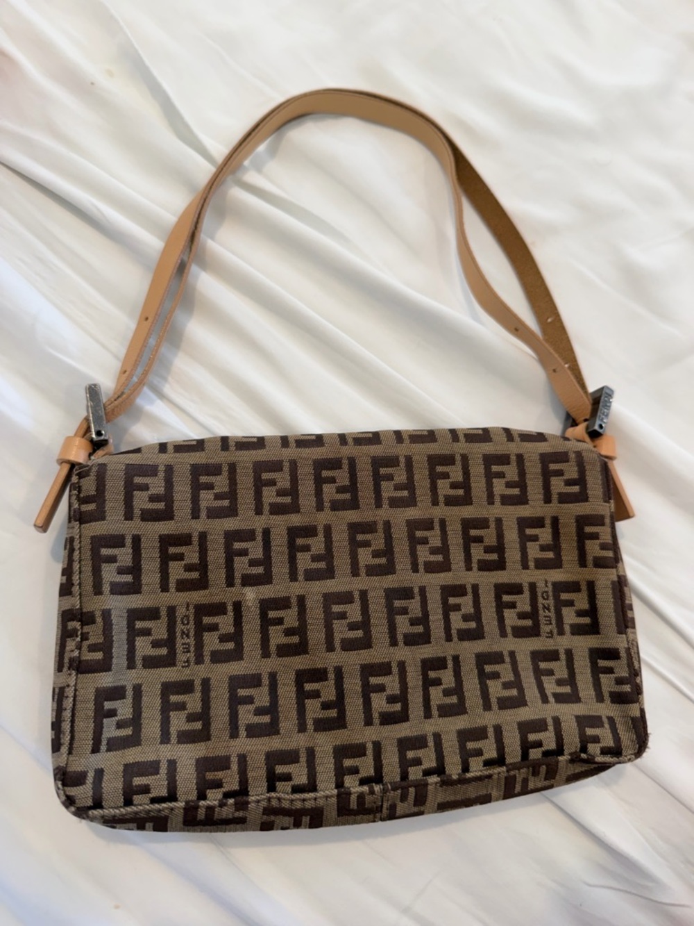 Fendi Zucchino Mini Baguette Brown Canvas Leather Shoulder Bag - Picture 2 of 4
